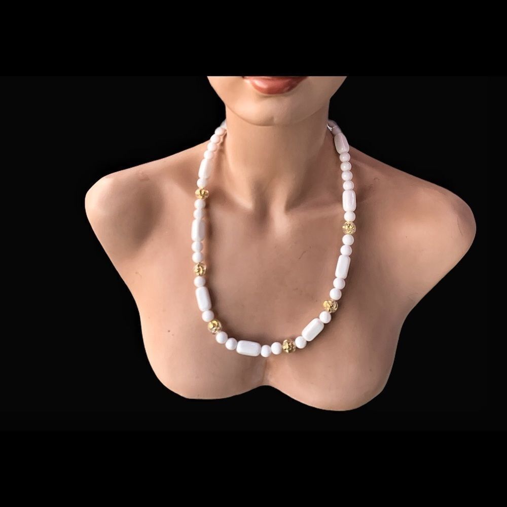 Vintage Crown Trifari white round & rectangle gold lucite bead necklace.